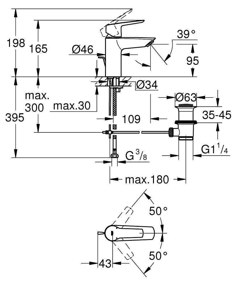 GROHE Start, Waschtischarmatur, wassersparend (Wasserhahn für das Bad, Badarmatur mit Zugstangen-Ablauf, 17cm hoch, mit 3in1 Werkzeug, einfache Installation am Waschbecken), chrom, 24209002