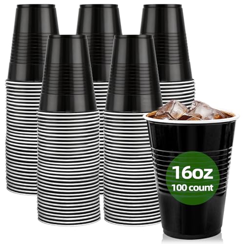 100 Pack Black Plastic Cups 16 oz Black Cups Disposable for Picnics