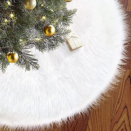 48'' Christmas Tree Skirt,Faux Fur Christmas Tree Plush Skirt, Xmas Tree Mat, White Faux Fur Tree Skirt Soft Fluffy Double Layers Christmas Tree Decorations Indoor for Holiday Party Indoor Decorations