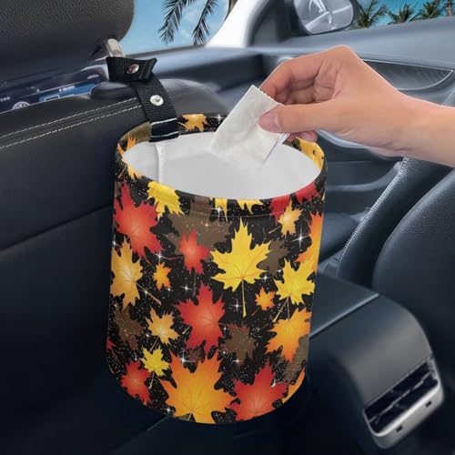 Image of Colorful Maple Leaves Car Trash Bin Hanging, Waste Basket - Cute, Portable, Collapsible, Waterproof Rubbish Bag for Back Seat, Floor, or Hanging Headrest