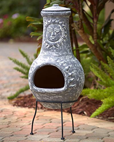 The Lakeside Collection Outdoor Wood Burning Small Clay Chimenea with Metal Stand - Stone Gray