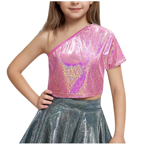 Kids Girls One Shoulder Short Sleeve Dance Crop Top Shiny Sparkly Hip Hop Streetwear Cropped T-Shirts Dancewear 3-162