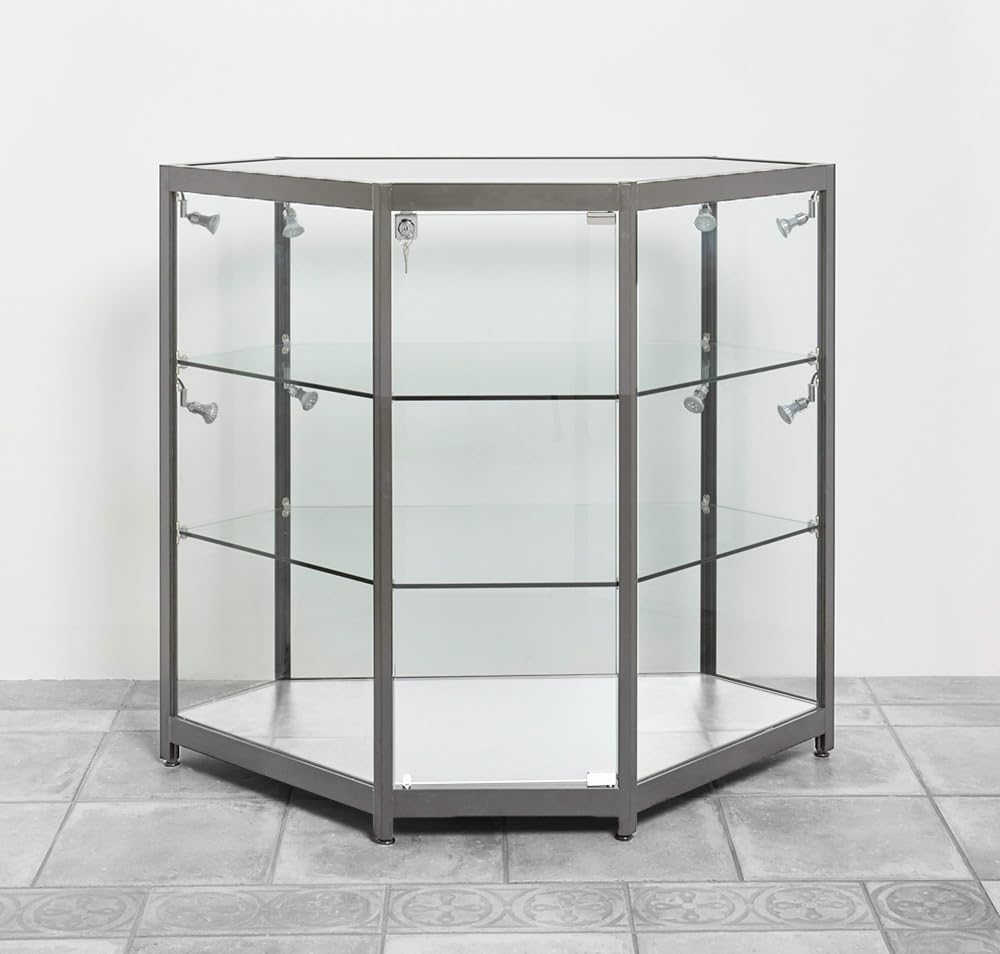 Eigentlich Theken-Eck-Vitrine Silber mit LED Beleuchtung 94x106,5x53,5cm