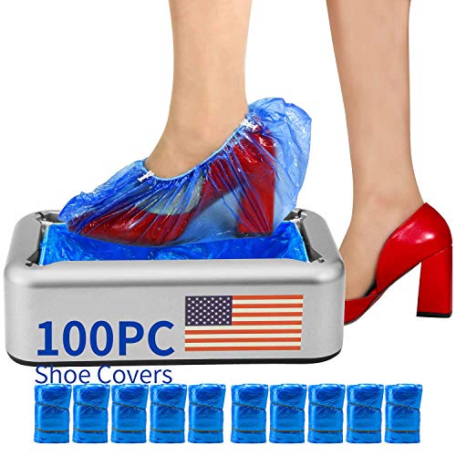 Shoe Cover Dispenser, Shoe Covers Machine Automatic Hand-Free Portable with 100 Pcs Waterproof Shoe Covers Disposable Plastic For indoors Perfect for Home, Shop, Office and Lab (Silver)