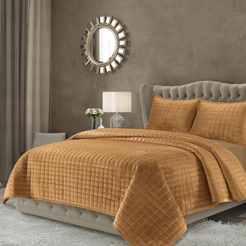Tribeca Living Velvet Quilt Set King Florence Camel