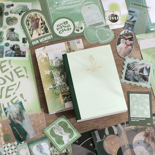 Image of YIFELY Paper Vintage Aesthetic Scrapbook Kit Scrapbooking Supplies Kit With Bullet Junk Journal,Stationery,A6 Grid Notebook With Graph Ruled Page Diy Journaling Gift For (Poetry of Misty Island,green)