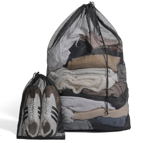 2 Pack Mesh Laundry Bags - Large & Small Heavy Duty Mesh Laundry Bag with Drawstring, Wash Bags for Travel, College, Dorms, Sports, Family, Black