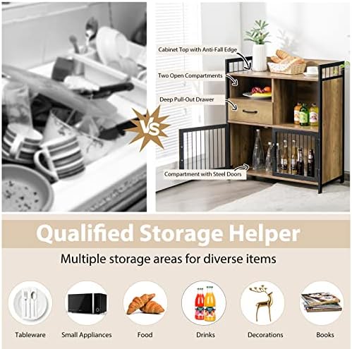 COSTWAY Industrial Storage Cabinet, Freestanding Sideboard Cupboard, Metal Frame Wooden Bookcase Display Organiser Unit for Kitchen, Living Room and Hallway (Open Shelves+Drawer+2 Door Cabinet)