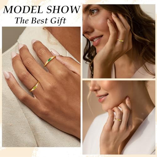 TOBENY Gold Birthstone Rings for Women 14K Gold Plated Non Tarnish Stackable Rings Dainty Emerald Green Gemstone Cubic Zirconia Engagement Wedding Ring for Birthday Jewelry Gifts Size 6-104