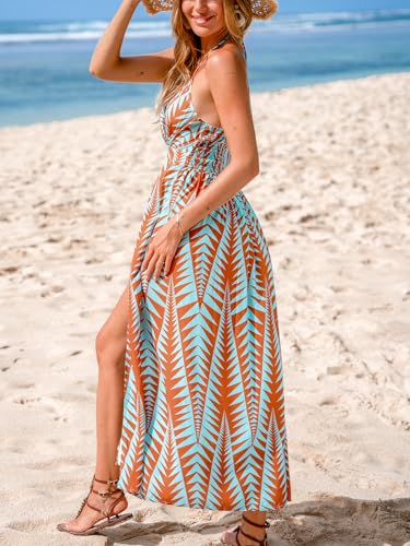 Image of CUPSHE Women Halter Backless Summer Dresses Spaghetti Strap Side Slit Casual Beach Sundress Holiday Vacation Maxi Dress