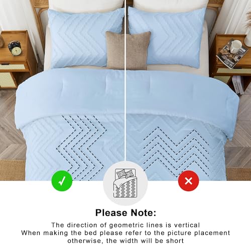 Image of Andency Light Blue Comforter Set Full Size, Boho Soft Warm Tufted Neutral Bedding Comforter Sets for Full Bed, 3 Pieces Aesthetic Chevron Cute Bohemian Textured Bedding Set