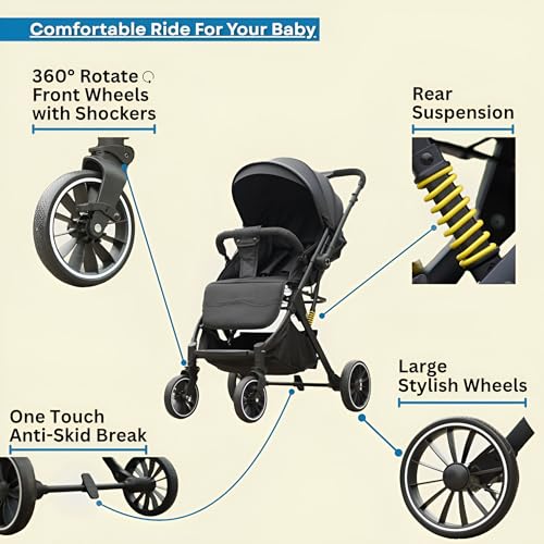 Image of Travel Mate Premium Baby Stroller Pram - Reversible Handle, One-Hand Fold, Full Recline & Suspension | All-Terrain Large Wheels, Travel-Friendly | 5-Point Harness for Newborns to Toddlers 0-3 years (Black)