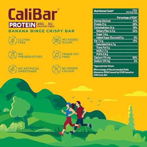 Image of CaliBar 20g Protein Bar - Banana Binge Crispy Bar (Pack of 5) No Added Sugar, GlutenFree, 5g Fiber, No Preservatives, Delicious Taste, Whey & Plant Protein, Fitness & Immunity (65g x 5 Bars)
