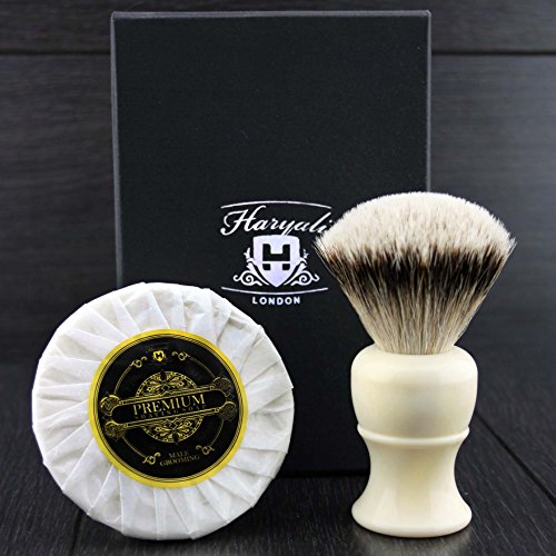 Silver Tip Badger Hair Shaving Brush in Ivory Horn Handle with Haryali London Premium Shaving Soap for a Great Lather.