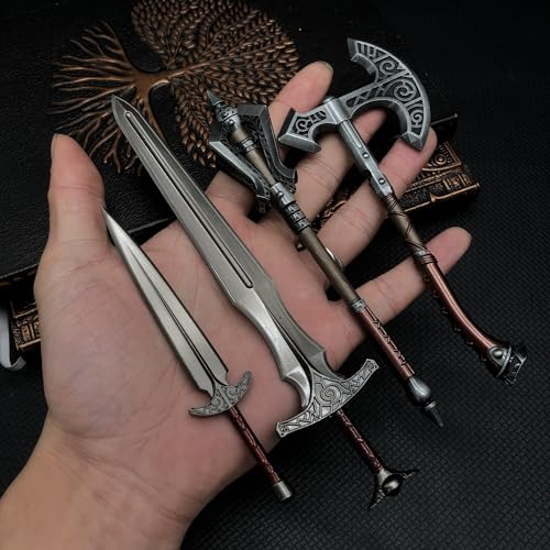 crafthand Skyrim Weapon 4 in 1 Pack Steel Sword Steel Giant Axe Steel Hammer Steel Dagger Metal Game Weapon Collectible Desktop Decoration Keychain BJDs - Thumbnail 5