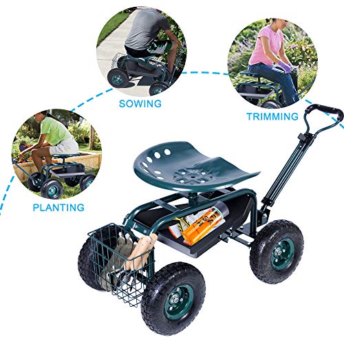 Dporticus Rolling Garden Steerable Tool Cart Scooter With Extendable Steer Handle,360 Swivel Seat And Tool Storage Basket, Green #TOP6