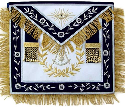 Tablier maçonnique bleu en peau d'agneau brodé main avec couronne de laurier dorée