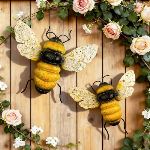 WHBIMGOOO Metal Bee Outdoor Wall Decor - 2Pcs Bee Wall Art Garden Decor Bumble Bee Decorations for Home Yard Art Fence Decorations Outdoor