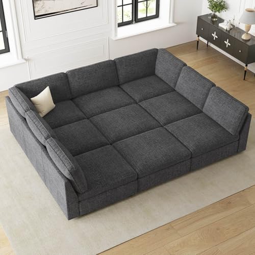 Belffin Oversized Modular Sectional Sofa with Storage Chenille 9 Seats Sleeper Sectional Sofa Couch Bed Cloud Couch for Living Room Dark Grey 9 seat S