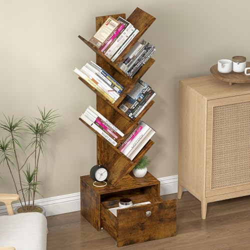 Rebonique Bücherregal Baumform,Standregal 8 Ebenen mit Schublade,Eckregal Holz Regal,Schmaler Display Ständer für Bücher,CDs&DVDs,Aufbewahrungsregal Baumform,für Wohnzimmer,Schlafzimmer,Kinderzimmer