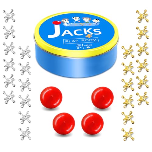 Sisland Metal Jacks Game with Ball Set, Classic Jax Game Toy for Kids Adults, Old School Jackstones Games Set (24 Jacks + 4 Balls)