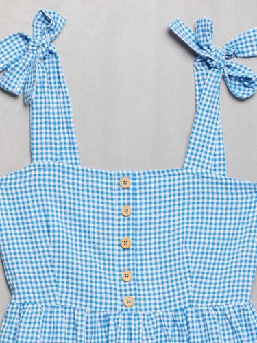 Image of Women's Gingham Checkered Summer Dress | Sleeveless A-Line Mini Dress with Shoulder Tie Straps & Button Front | Casual Picnic, Beach Wear