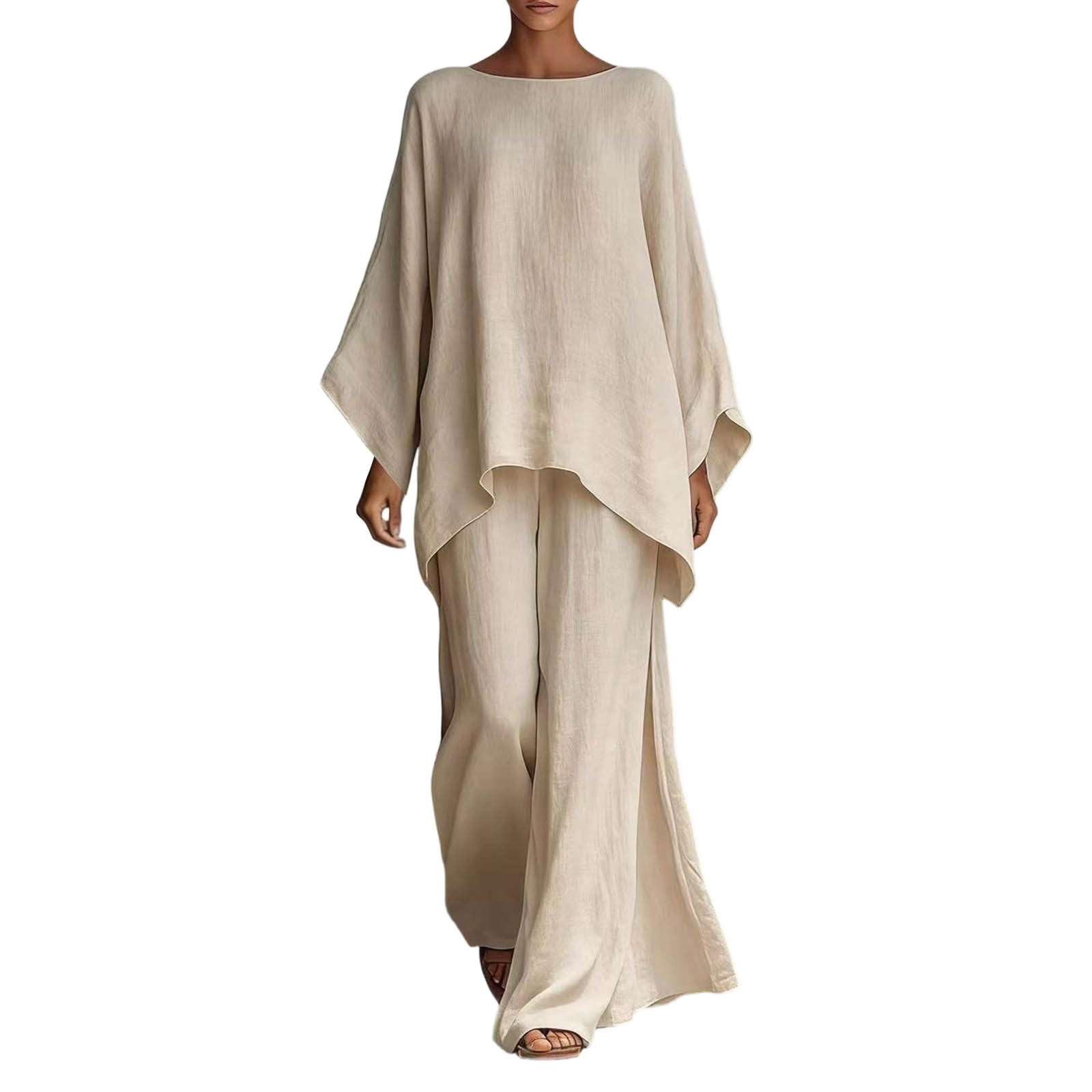 Générique Ensemble Femme 2 Pièces Lin Été Haut Manche Chauve-Souris avec Bordure Ethnique Pantalon Large Fluide Style Bohème Chic Grande Taille Tenue Vacances Plage Loungewear Ample