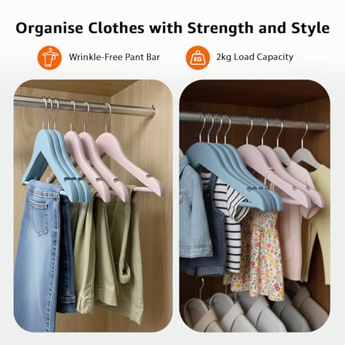 Image of Amazon Basics Wooden Hangers for Kids - Glossy Finish, Chrome Hook, Pant Bar, 2kg Load Capacity, Pack of 10 Blue & 10 Pink, Pack of 20 (Size: 32L x 20H x 1.2W cm)