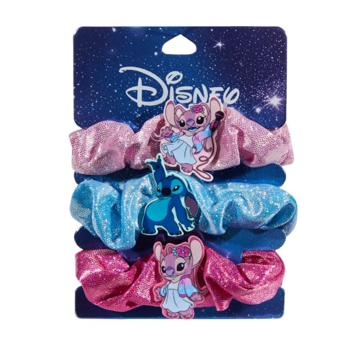 Image of Disney Stitch and Angel Hair Scrunchies, Shimmering Glitter Satin Hair Ties, 3PCS Cute Character Ponytail Holders Gift Set for Toddlers Girls