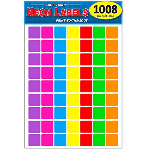 Pack of 1008 1-Inch Square Color Coding Dot Labels, 7 Bright Neon Colors, 8 1/2