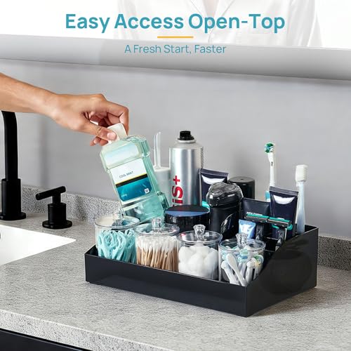 Image of Vtopmart 5 PCS Bathroom Countertop Organizer, 1 Divided Tray with 4 Qtip Holder Jars, Restroom Clear Organizers for Toothbrush, Cotton Pads Balls, Floss, Bathroom Vanity Accessories Storage Set, Black