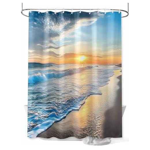 Blue Coastal Beach Shower Curtain, Sunset Spray Sky Waterproof Washable Fabric Bathroom Shower Curtains Set for Bathroom Decor,36 X 72 Inch Long, Gold