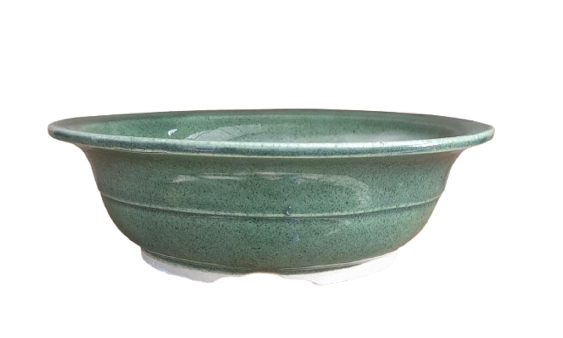 Maceta Bonsai Ceramica Redonda 19,5x19,5x6,2 cm | Macetero Bonsai Hecho en la UE | Tiesto para Bonsai con 3 Agujeros de Drenaje | Gres Blanco Esmaltado en Verde | Árbol no Incluido