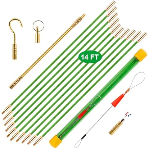 14FT Wire Fish Tool Electrical Wire Snake Fish Tape Fish Rods, Bright Green Wall Wire Fishing Tool Glow Rods Wire Pulling with 5 Different Attachments in a Carrying Case Cover