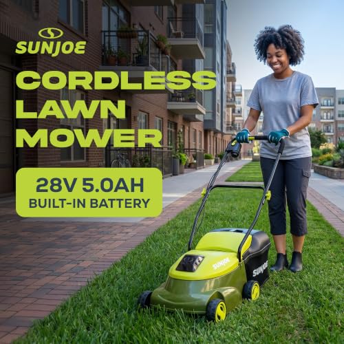 Image of Sun Joe Cordless Electric Push Lawn Mower with 10.6-Gal Bag and Safety Key, 14-Inch Cutting Width - Heavy-Duty Yard Trimmer for Gardening Care and Maintenance, MJ401C-XR
