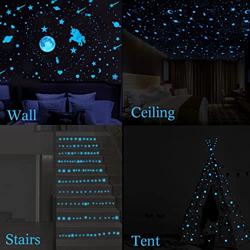 Glow In The Dark Stars For Ceiling 297 Pcs 3D Glowing Star Removable Self-Adhesive Wall Decals Moon Rocket And Planets Wall Stickers For Girls Boys Kids Diy Bedding Room Bedroom Décor (Blue) #TOP3