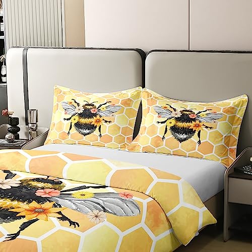 100% Cotton Bee Comforter Cover Single,Cute Bee with Flower Bedding Set 2Pcs for Kids Boys Girls,Geometric Honeycomb Hexagon Print Duvet Cover,Insect Animal Theme Bedding Collection Luxury - Image 4