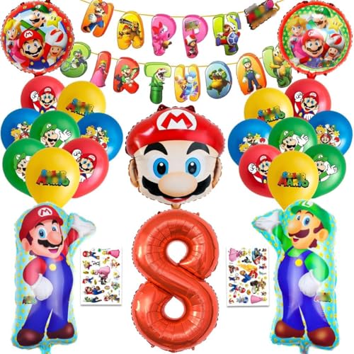 Ensemble de décorations d'anniversaire pour enfants 8 ans, 25 pièces, Comprenant une bannière,Des autocollants de tatouage, Ballon numéroté, Des ballons...