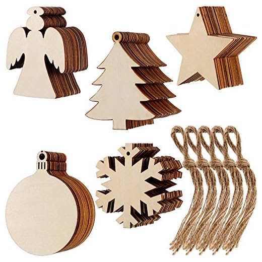 Tatuo 50 Pièces Ornements en Bois de Noël Flocon de Neige Ange Étoile Sapin de Noël Disques Ronds en Bois Embellissements Suspendus Décorations avec 50 Pièces de Cordes