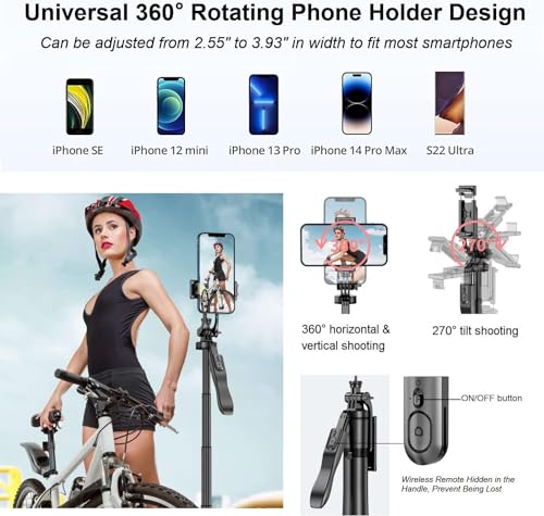 Image of L16 61 inch Tripod Long Selfie Stick for iPhone&Android Multiple Mount for Camera Gopro Fill Light Aluminum Portable Mobile Tripod with Bluetooth Remote,Black