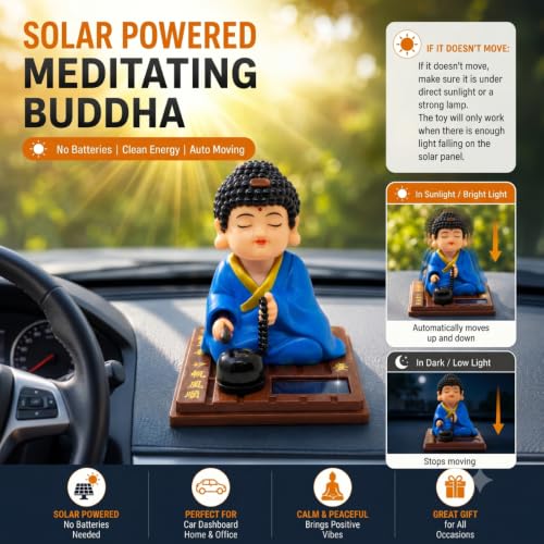 Image of Solar-Powered Moving Head Buddha Statue| Feng Shui Monk Figurine for Positive Energy, Peace & Prosperity | Shaking Head Buddha Idol for Car Dashboard, Home & Office Decor (Blue)