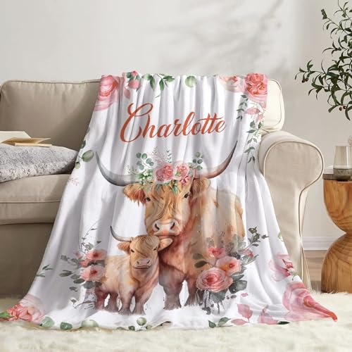 SUPERICH Personalized Baby Name Blanket with Highland Cow Theme - Custom 60x50 Inches Super Soft Fleece Air Conditioning Blanket for Teen