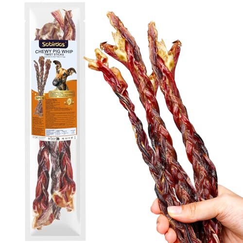 Sobirdos 3 Pezzi di Snack per Cani al Frustino di Maiale 28cm Ciascuno 60g Totale Snack per Cani con Masticazione Intensa (S, Yogurt)