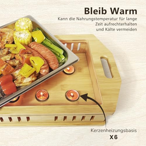 MsisieIve BBQ Warmhalteplatte Teelicht,Warmhalteplattes Grillgut Teelicht,Fleischwarmhalter FüR Grillen,BBQ Warmhalteplatte Personalisiert (Rahmen in Bambusfarbe)