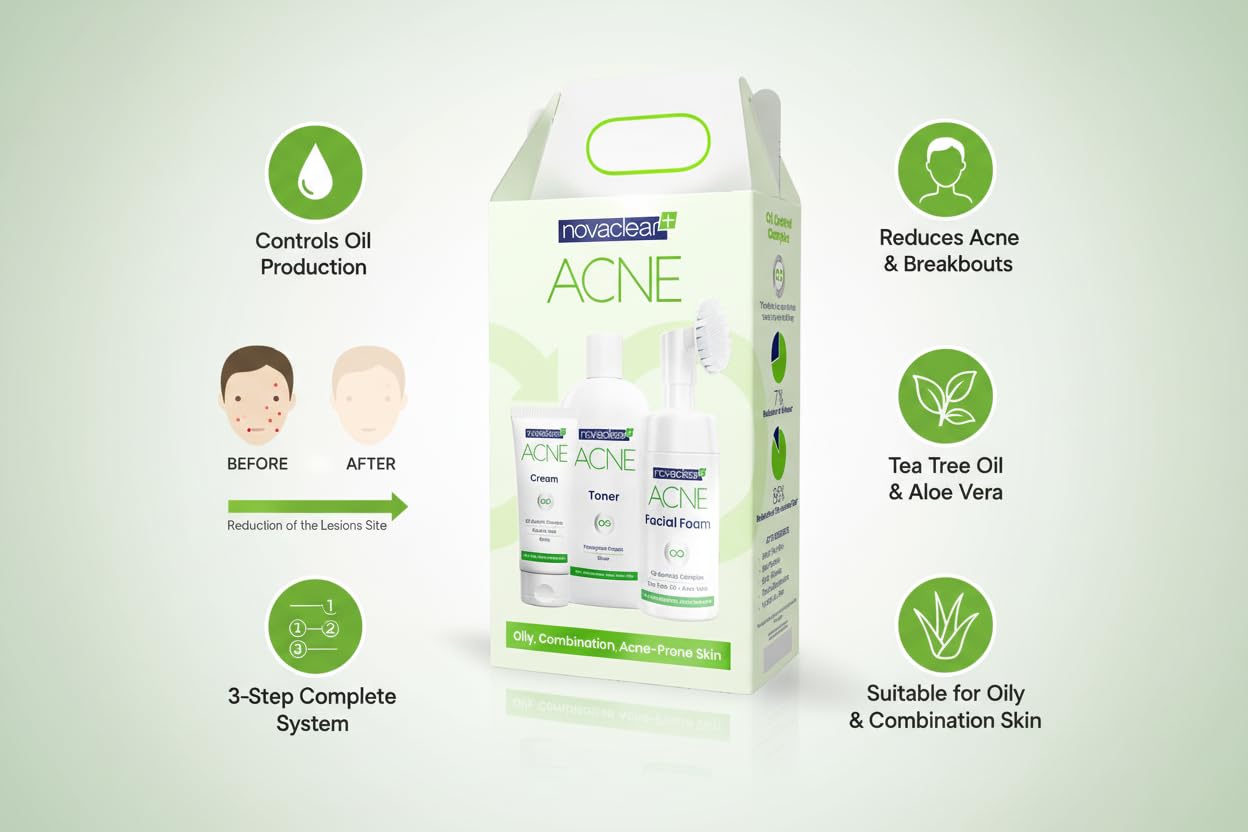 Novaclear Acne kit, Breakout Fighting Bestsellers-Facial acne set, Exfoliating & Treatment-Reduce Blemishes, Enlarged Pores & Blackheads - with Salicylic, Azelaic Acid and Tea Tree - All Skin Types