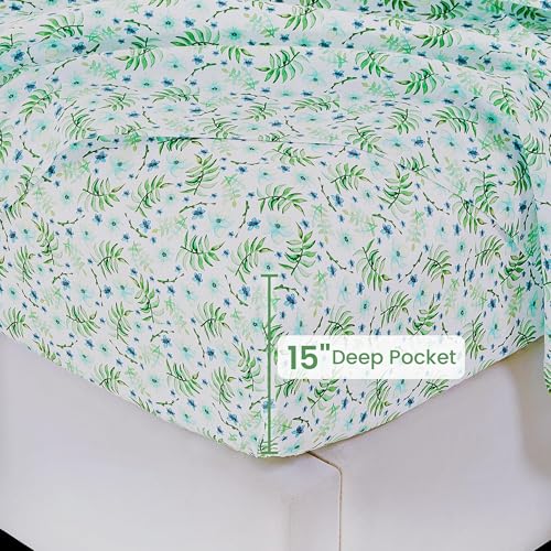 Image of Softan Green Floral Twin Sheet Set, 3-Piece Cozy Botanical Microfiber Printed Fitted Bed Sheet with 15 inch Deep Pockets & Non-Slip Straps, Fresh Greenery Blooms Patterned Sheets & Pillowcase Set