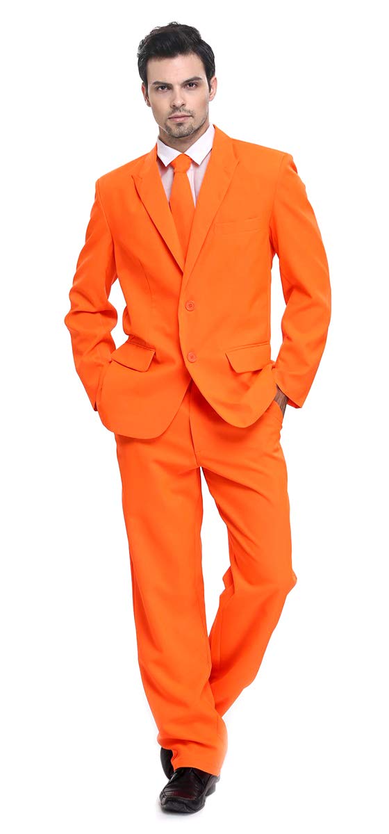U LOOK UGLY TODAY YO Mens Party Suit Solid Color Jacket Costume Leisure Suit for Holiday Party with Tie & Pants, Orange, 3XL