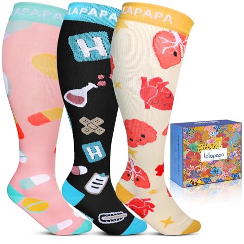 Lalapapa 3Pairs Wide Calf Compression Socks for Women - 15-20mmHg with Graduated Circulation Support for Nurse Travel Pregnant, Cute, L/XL