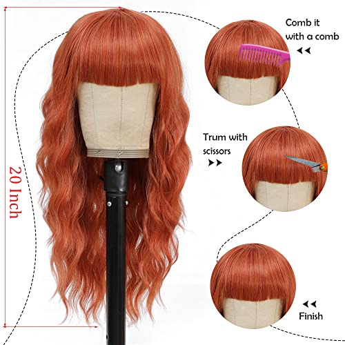 X-Tress Ginger Wigs With Bangs 20Inch Synthetic Natural Curly Bang Orange Wigs For Black Women Synthetic Wavy Heat Resistant Fiber Hair Wigs For Daily Party Copper Wig（Ginger） #TOP3