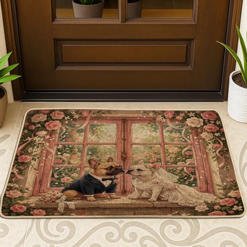 Zerbino nero con bulldog francese a tema matrimonio esterno interno ingresso 73,2 x 43,2 cm, romantico zerbino lavabile per esterni per cerimonia di matrimonio, piccole coppie amore patio garage